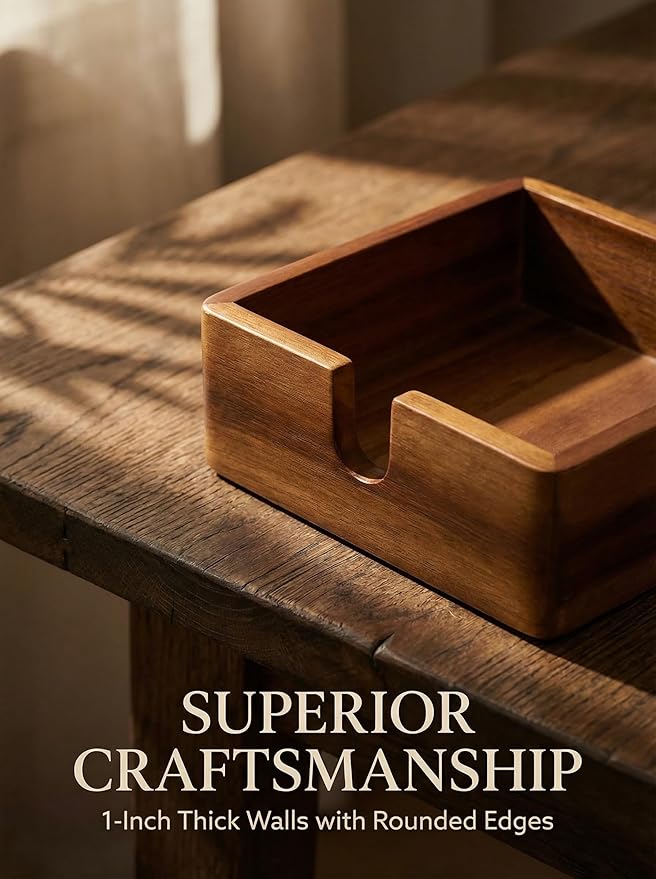Acacia Cocktail Paper Napkin Holder Square 5.4x5.4 inches, Wood Flat Napkin Tray, Cocktail Napkin Caddy For Kitchen Décor, Restaurant Countertop Bar Accessories