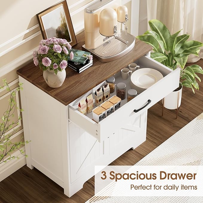 Onelike Modern Sideboard Buffet Cabinet with Storage, Farmhouse Kitchen Cabinet Buffet Table with Doors and Drawers, for Dining Room, White, 30"