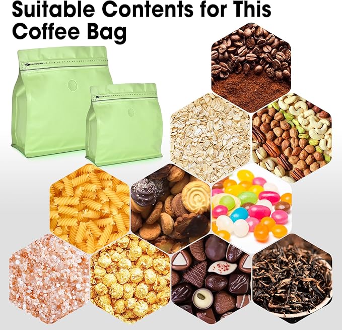 50 Count 16oz Coffee Bags with Valve,1lb Vented Coffee Beans Packaging Bags High Barrier Aluminumed Foil Flat Bottom Heat Sealed Side Zipper Resealable Storage Bag for Home or Business（Green）
