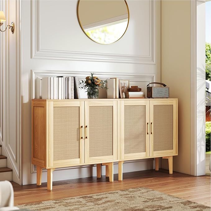 Bigroof Rattan Cabinet, Modern Accent Buffet Cabinet with Magnetic Doors, Sideboard Buffet for Hallway, Entryway, Living Room, or Kitchen (Natural)