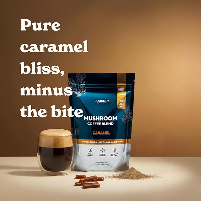 Mushroom Coffee with Collagen Bundle – Classic & Caramel Flavors (60 Servings Total) + Frother – Adaptogenic Coffee with Lion’s Mane, Chaga & Cordyceps