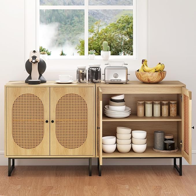 Giantex Rattan Sideboard Buffet Cabinet with Storage, Boho Sideboard with Doors & Adjustable Shelf, Small Accent Buffet Storage Cabinet with Metal Legs for Kitchen, Living Room, Entryway, Natural