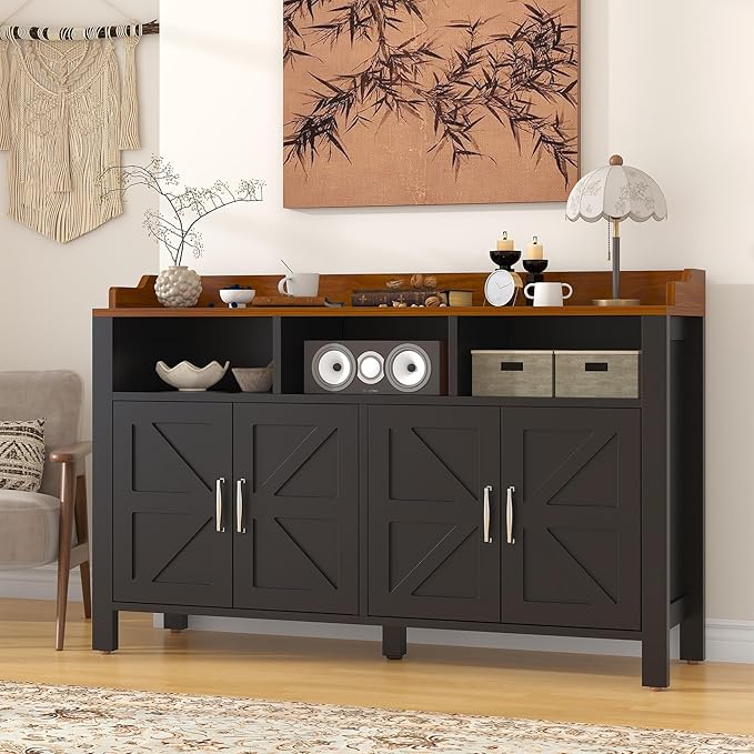 Buffet Cabinet with Storage Farmhouse with 4 Doors and 3 Open Compartments, 55'' Large Kitchen Storage Cabinet Black Wood Coffee Bar Buffet Sideboard for Kitchen, Dining Room, Living Room