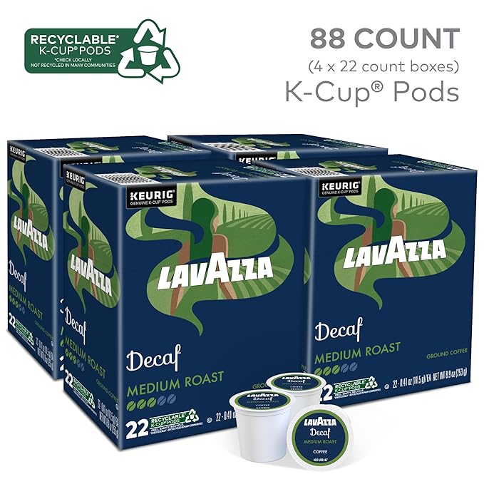 Lavazza Decaf, Single-Serve Keurig K-Cup Pods, Medium Roast Coffee, 88-Count Box (4 Packs of 22)