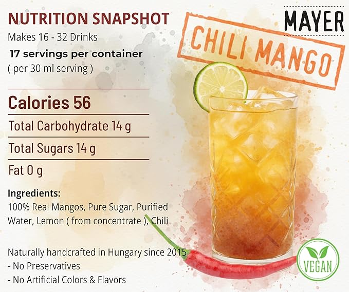 Mayer Premium Chili Mango Syrup – Award-Winning Organic Fruit Syrup, Crafted with 100% Real Fruits, All Natural, Vegan, Gluten-Free – Ideal for Cocktails, Coffee, Desserts, Cocktails (16.9 oz)