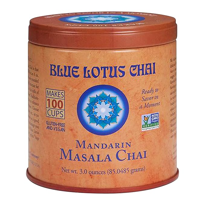 Blue Lotus Chai - Mandarin Flavor Masala Chai - Makes 100 Cups - 3 Ounce Masala Spiced Chai Powder with Organic Spices - Instant Indian Tea No Steeping - No Gluten