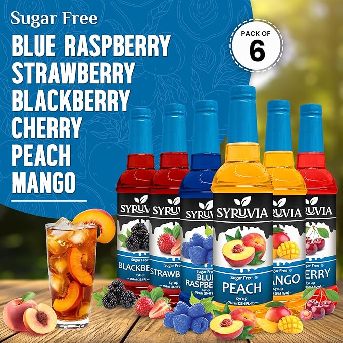 Syruvia Sugar Free Coffee Syrup Variety Pack: Peach, Strawberry, Blackberry, Mango, Cherry & Blue Raspberry - Gluten-Free, Kosher, 25.4 fl oz Bottles - Enhance Your Coffee Experience