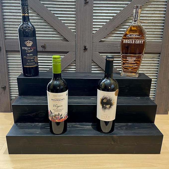 Handmade Tiered Display Shelving - Three Tier Bar Display - Bar Organizer - Liquor Bottle Display (18" with Back, Black)
