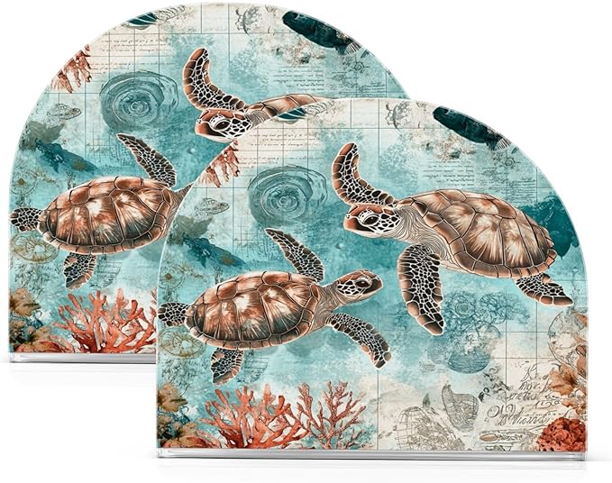 Vintage Ocean Sea Turtle Map Napkin Holder for Table Paper Cocktail Napkin Holders for Kitchen Dinning Acrylic Dinner Napkin Dispenser for Dinner Home Decor Bar 2 Pack