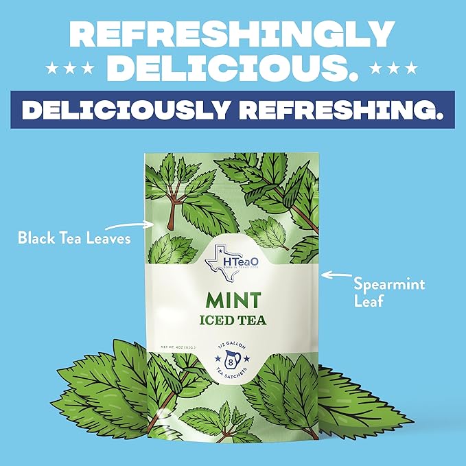 HTeaO Mint Black Iced Tea Bags – Makes 4 Gallons in 5 Minutes – Large Loaded Tea Sachets for Parties, Family Gatherings, & Groups – Texas-Style Ice Tea Packets for Quick Brew (8-Count)