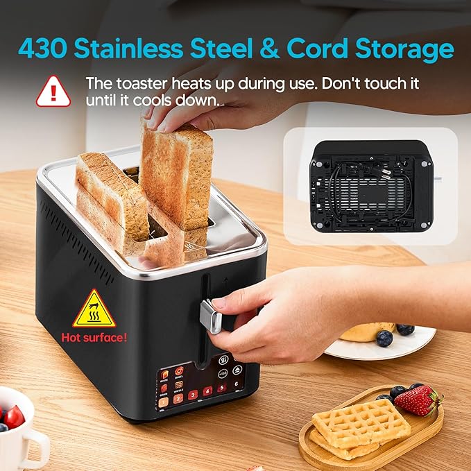 Trisiko® Touch Screen Toaster 2 Slice,Smart Toaster with Digital Timer, 1.38" Extra-Wide Slots for Bread& Bagel,with Reheat, Defrost, Cancel, +15s Boost, Great for Home, Office, Dorm (Black)