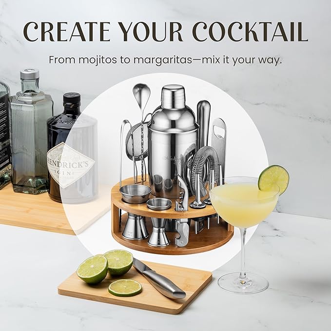 Mixology & Craft Bartender Kit – 15-Piece Cocktail Shaker Set with Bar Tools, Premium Stainless Steel Bar Accessories for Home Bar, Includes Bamboo Stand, Plus Exclusive Recipe Cards (Silver)