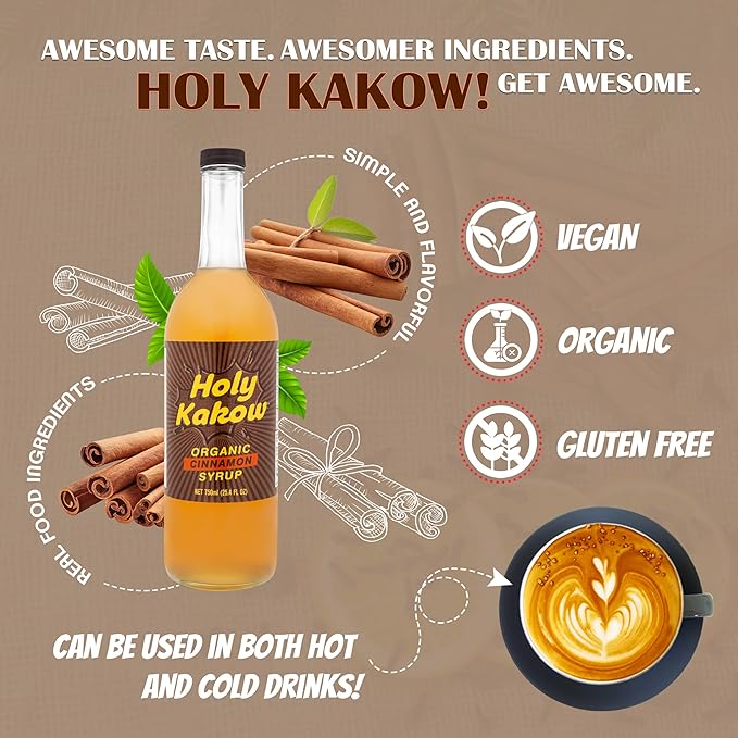 Holy Kakow Cafe Organic Cinnamon Syrup - Cinnamon Coffee Syrup, Organic Syrup for Coffee, Cinnamon Syrup for Coffee, Latte, Cocktail and Shake - 750ml