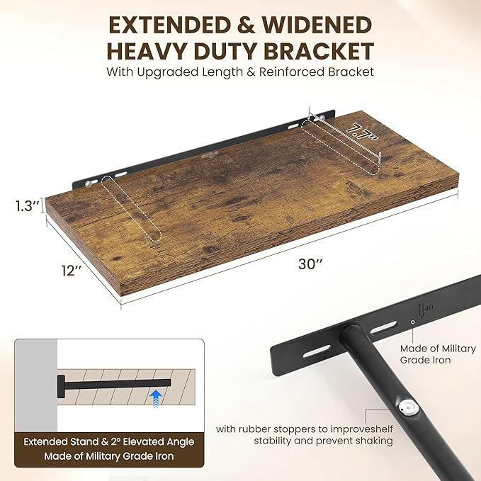 Dreamland 30" Floating Shelves for Wall, 12" Deep Slim Rustic Brown Floating Shelves, Wall-Mounted Shelves for Bedroom, Living Room, Kitchen, Bathroom - Set of 2