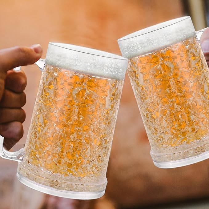4 Pack Freezer Mugs for Beer 15oz, Double Wall Frozen Beer Mug, Freezer Cups for Drinks, Insulated Plastic Mugs with Handles