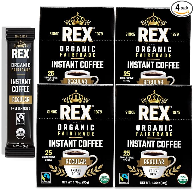 Rex Coffee Organic Fairtrade Freeze-Dried Instant Sticks, Medium Roast Arabica, 100 Single-Serve Packets, USDA Organic & Fairtrade Certified