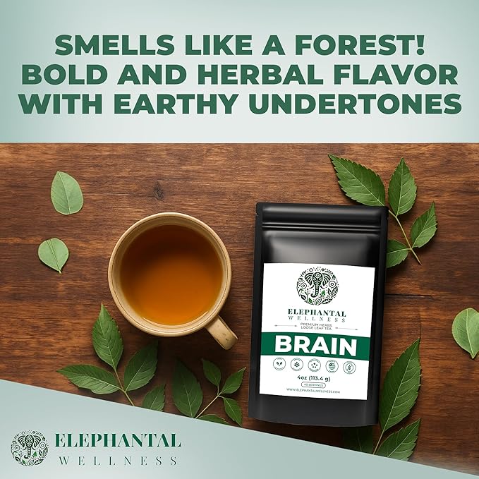 Elephantal Wellness Premium Brain Herbal Tea | Botanical Blend with Ginkgo, Bacopa, Ashwagandha & Gotu Kola | Handmade, Caffeine-Free, Non-GMO Loose Leaf Herbal Tea, 4oz Loose Leaf, 40 Servings