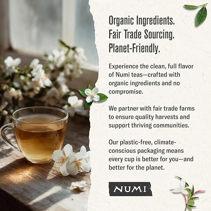 Numi Organic Green Tea with Jasmine, 54 Green Tea Bags Scented with Real Jasmine Flowers, Micro-Plastic Free Compostable Bags
