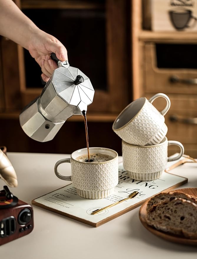 Gomakren Coffee Mugs Set of 4, 13 Ounce Stackable Coffee Mugs with Stand, Christmas Ceramic Coffee Cups with Spoon for Coffee, Espresso, Cappuccino, Latte, Cocoa, Tea and Milk, Creamy White