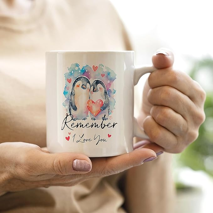 QASHWEY Remember I Love You Coffee Mug, Wedding Gifts Engagement Gifts for Couples Boyfriend Gift Girlfriend Gift Coffee Cups Ceramic 11oz, Cute Penguin Love Tea Cup