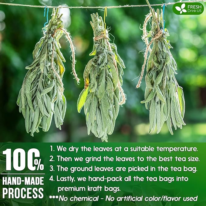 FreshDrinkUS, Premium 15 Sage Leaf Tea Bags, 100% Natural & Pure from Sage Leaves. Loose Leaf Herbal Tea. Made with Natural Material Tea Bags. No Sugar, No Caffeine, No Gluten, Vegan.
