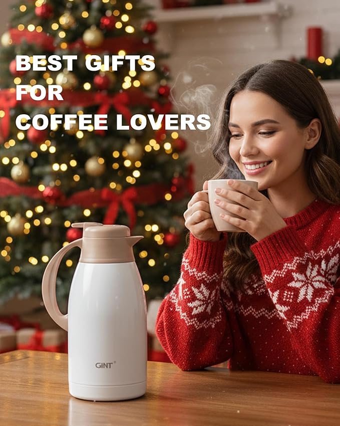 GiNT Stainless Steel Thermal Coffee Carafe, Double Walled Vacuum Thermal Carafe, Water and Beverage Dispenser,12 Hour Heat Retention，65 OZ /1.9 Liter White