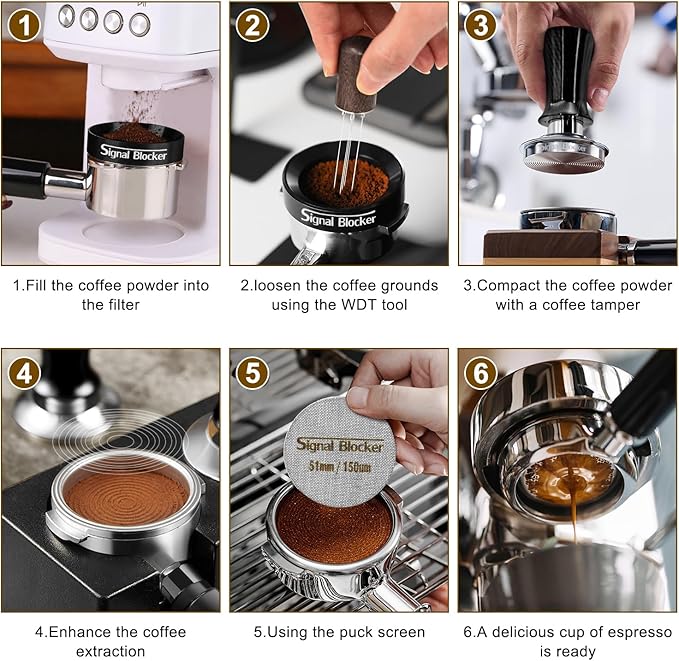 51mm Espresso Coffee Tamper for Espresso Machine: Calibrated Spring Loaded & Stainless Steel Ripple Base - Carbon Fiber Handle with Constant 30lb Fits All 51mm Portafilters | Bundle Including WDT Tool