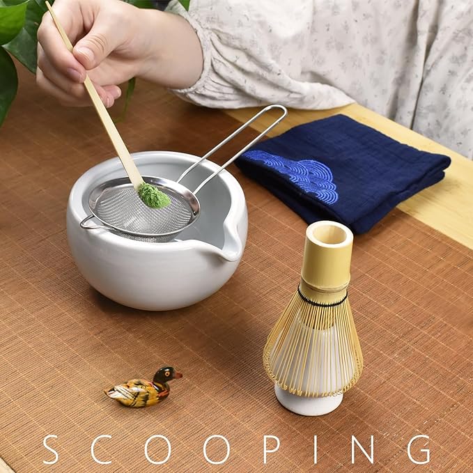 Artcome 7 Pcs Complete Matcha Ceremony Kit for Tea Ceremony, Bowl with Pouring Spout, Whisk, Tea Scoop, Matcha Powder Strainer, Matcha Tea Set For Making Usucha, Koicha and Matcha Latte (White)
