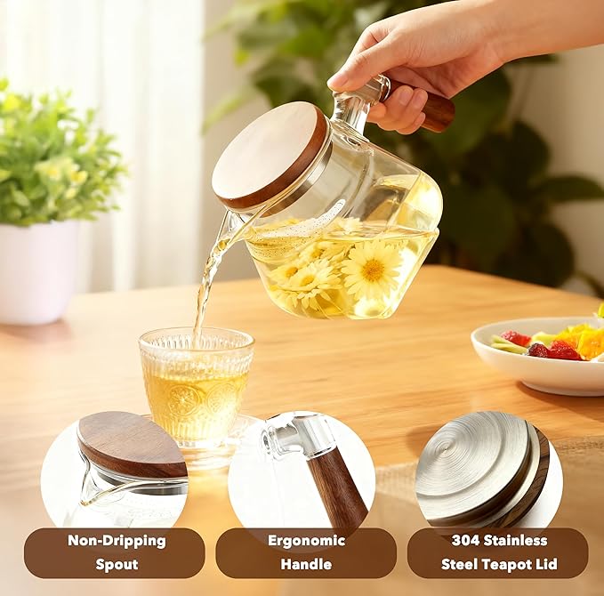 Induction Safe Glass Teapot with Wooden Handle, 700ml Heat-Resistant Borosilicate Glass, Dishwasher Safe, For Loose Leaf, Herbal & Blooming Tea, BPA & Lead-Free, Easy to Clean