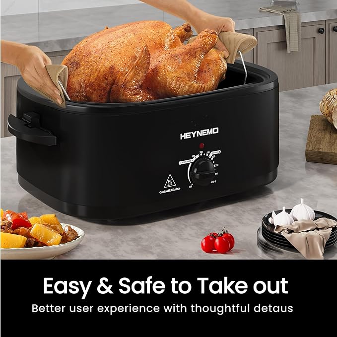 Roaster Oven 26Qt,1450W Electric Turkey Roaster Oven Buffet with Self-Basting Lid, Removable Pan and Rack, Cool-Touch Handles, Stainless Steel, Black