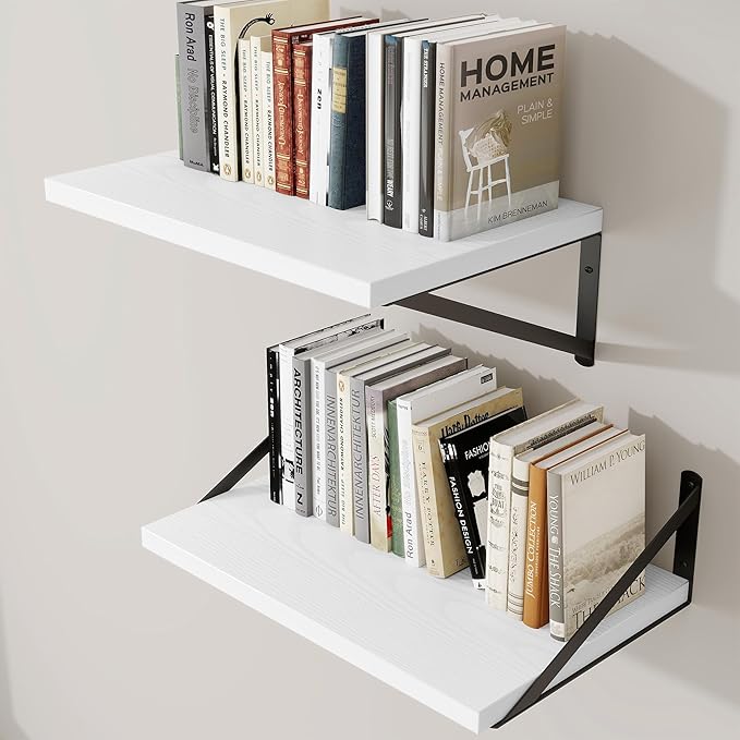 Deep Wall Shelves 16"W x 12"D Engineered Wood Floating Shelves for Wall, Sturdy Metal Bracket Bookshelves Home Decor Storage for Living Room Bedroom Bathroom Kitchen, Set of 2, White Finish