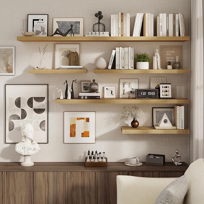 40 Inch Floating Shelves Set of 2, 8 Inch Deep Wall Shelf, Rustic Wood Storage Shelves for Bedroom, Kitchen, Bathroom, Wall-Mounted Shelf with Invisible Brackets for Books|Storage|Decor, Oak