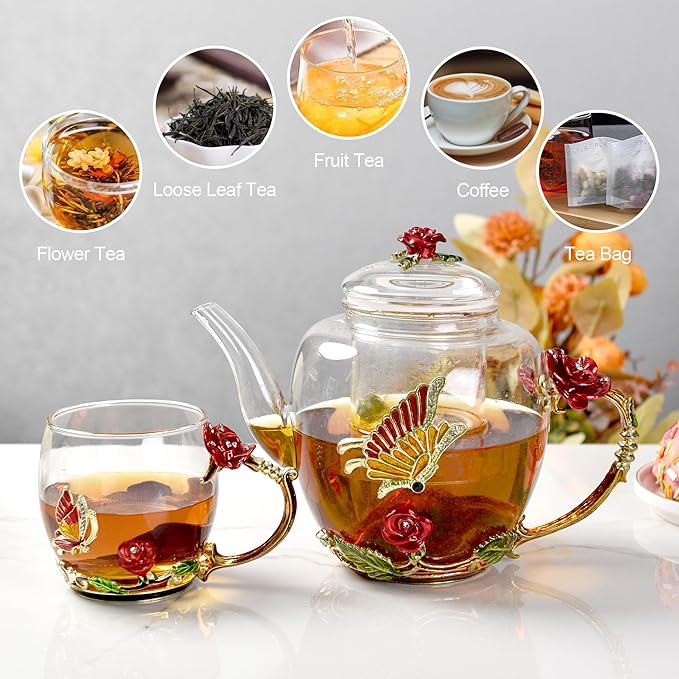 46oz/1300ml Large Enamel Teapot With Infuser,Floral Glass Teapot With Red Rose Flower Butterfly,Removable Infuser For Blooming Tea,Loose Leaf Tea,Fruit Tea,Tea Bag
