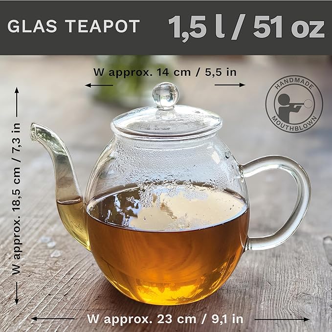 Creano Glass teapot 50oz with Integrated Stainless Steel Strainer and Glass Lid, 100% Drip Free, 50oz (1.5 l)