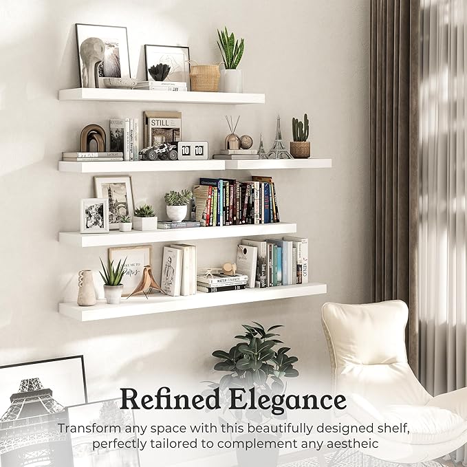 Floating Shelves for Wall, 9.3" Deep Wall Mounted Wood Shelves for Bathroom, Bedroom, Living Room, Kitchen, Hanging Shelf for Books/Storage/Room Decor (White, 48")