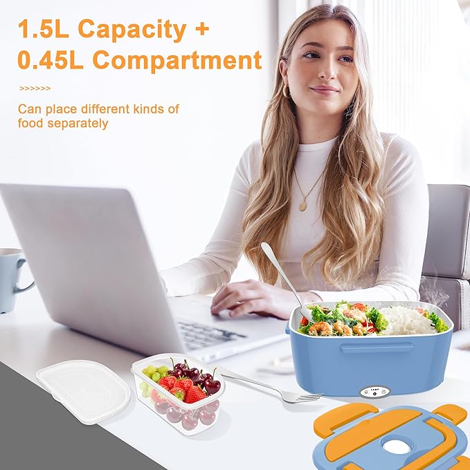 Heated Lunch Boxes for Adults, 80W Electric Lunch Box Food Heated 12/24/110V 1.5L Heatable Lunch Box for Car/Truck Leak-Proof Removable Stainless Steel Container, Fork & Spoon, Bag