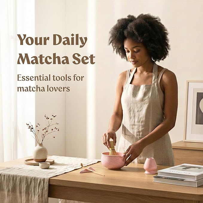 Matcha Kit Whisk Set (7 Pcs) - Complete Matcha Set, Matcha Bowl with Spout, Whisk with Holder, Bamboo Scoop with Rest and Sifter, Perfect Kit for Matcha Lovers (Sakura Pink)