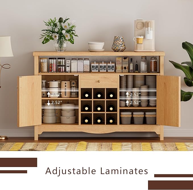 45.7” Wine Cabinet，Farmhouse Home Coffee Bar Sideboard Buffet Cabinet Liquor Storage with 9 Wine Racks & 2 Doors for Kitchen, Living and Dining Room (1, Natural)