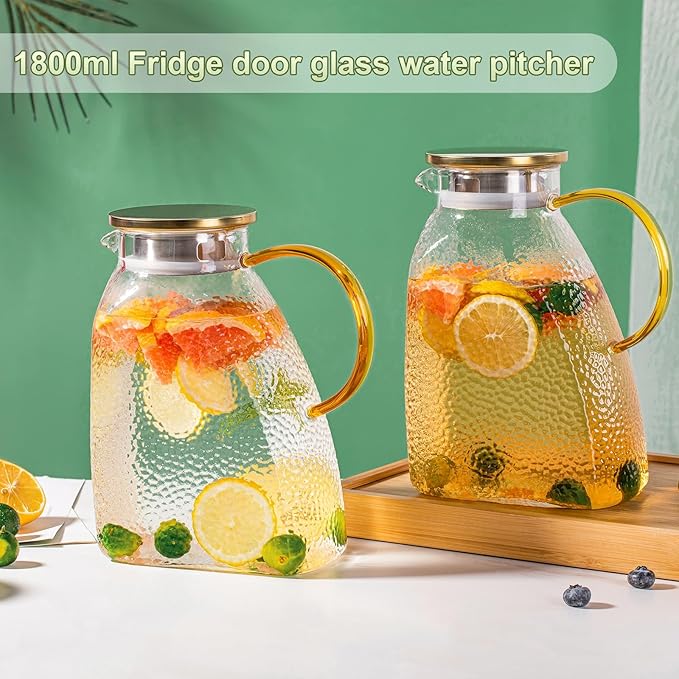 Glass Pitcher With Lid and Spout, 1.8 Liter 60 oz Glass Pitchers With Handle And Lid, Jug Water Pitchers For Fridge, Carafe Jar for Hot/Cold Water Iced Tea Juice Coffee Milk Beverage