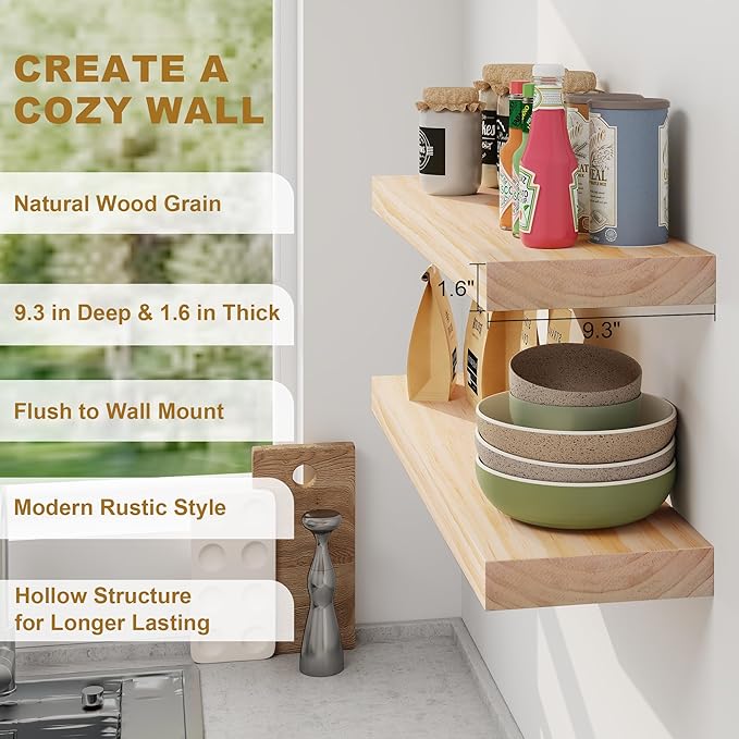 Fun Memories Floating Shelves, 9.3 Inch Deep Solid Pine Wood Wall Shelves for Storage, Wall Mounted Display Shelf with Invisible Heavy-Duty Metal Bracket, 48 Inch Width, Unfinished - DIY Stain