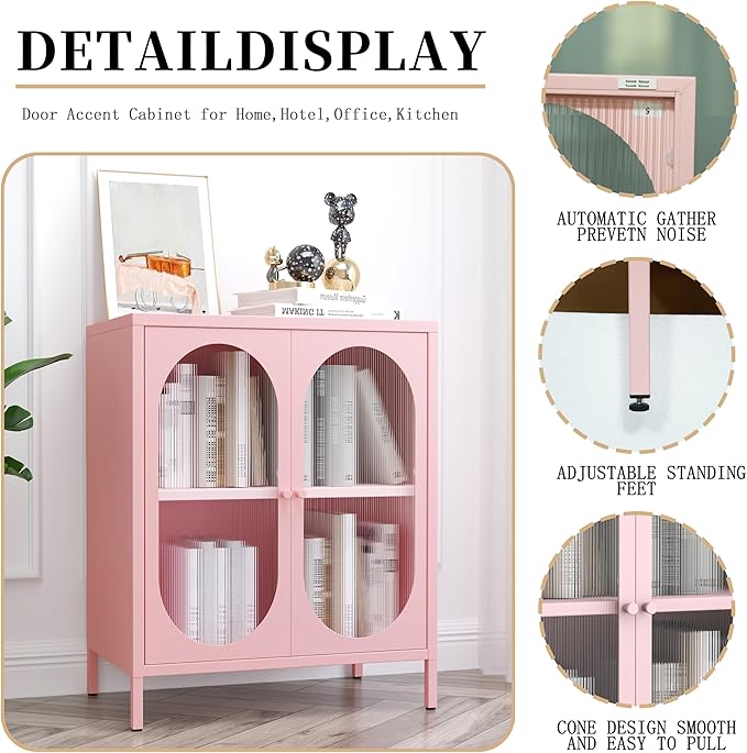 Small 2 Transparent Door Metal Storage Side Buffet Cabinet for Bed Room,Living Room,Entryway,Hallway,Home,Hotel,Office,Garage,Kitchen,1 Removable Shelf. (Transparent Door, Pink)