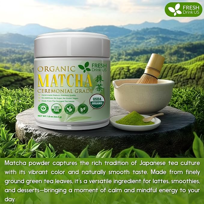 FreshDrinkUS, Organic 1.5 oz Luxury Ceremonial Grade Matcha | USDA - Premium Japanese Green Tea Powder | Stone-Ground Shade-Grown Leaves | Rich Umami Flavor, Vibrant Color & Smooth Finish