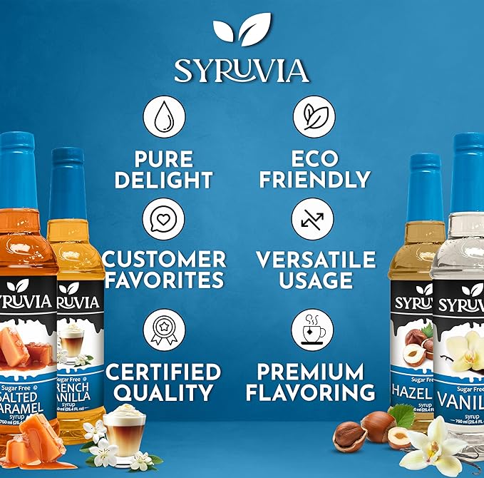 Syruvia Sugar Free Coffee Syrup Variety Pack: French Vanilla, Salted Caramel, Hazelnut, and Vanilla - Gluten-Free, Kosher, 25.4 fl oz Bottles - Enhance Your Coffee Experience,