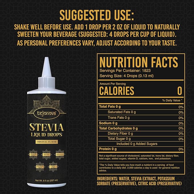 tejonova Stevia Liquid Drops, 8oz, Zero Calorie Stevia Liquid Sweetener from Pure Stevia Extract, Stevia Sweetener for Drinks, Treats, No Sugar Liquid Stevia Drops, Keto Sweetener, No Aftertaste