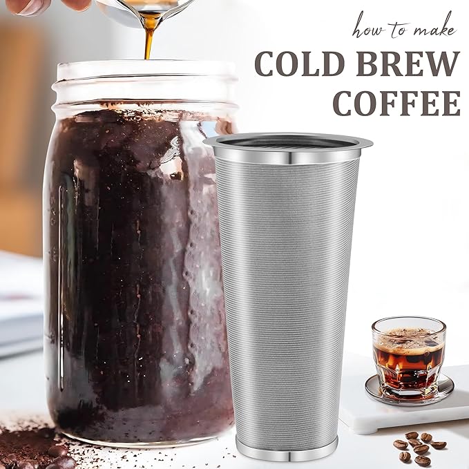 Cold Brew Coffee Filter for Wide Mouth Mason Jar, 304 Stainless Steel Filter Ultra Fine Mesh for Cold Brew, Iced Coffee and Iced Tea 2 Quart Wide Mouth Mason Jars