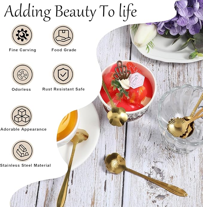 40 Pcs Gold Flower Teaspoons Stainless Steel Tea Party Spoons 5 Inches Mini Cute Teaspoon Gold Coffee Tea Spoons Bulk for Stirring Coffee Sugar Drink Kitchen Cafe Bar Creative Stirrer Teaspoon