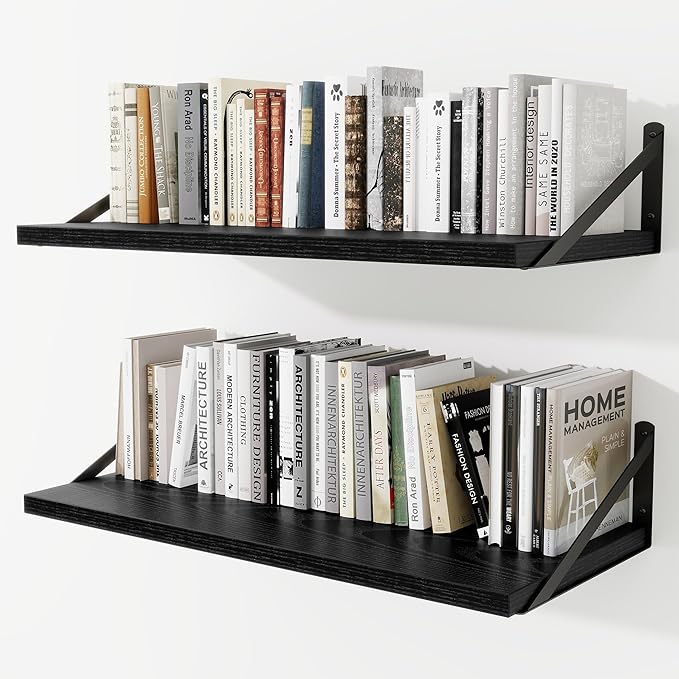 Deep Wall Shelves 30"W x 12"D Engineered Wood Floating Shelves for Wall, Sturdy Metal Bracket Bookshelves Home Decor Storage for Living Room Bedroom Bathroom Kitchen, Set of 2, Black Finish