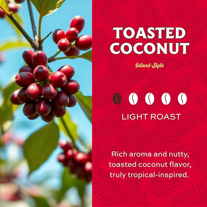 Lion Coffee Toasted Coconut Flavored, Light Roast Whole Bean Coffee, A Taste of Aloha - 24 Ounce Bag