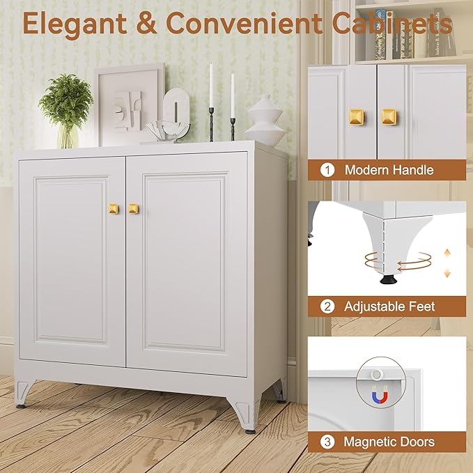 Sideboard Buffet Cabinet, 33" H Sideboard Buffet Storage Cabinet with Doors and Shelves, Coffee Bar, Metal Side Board Cabinets for Living Room, Assembly Required, White