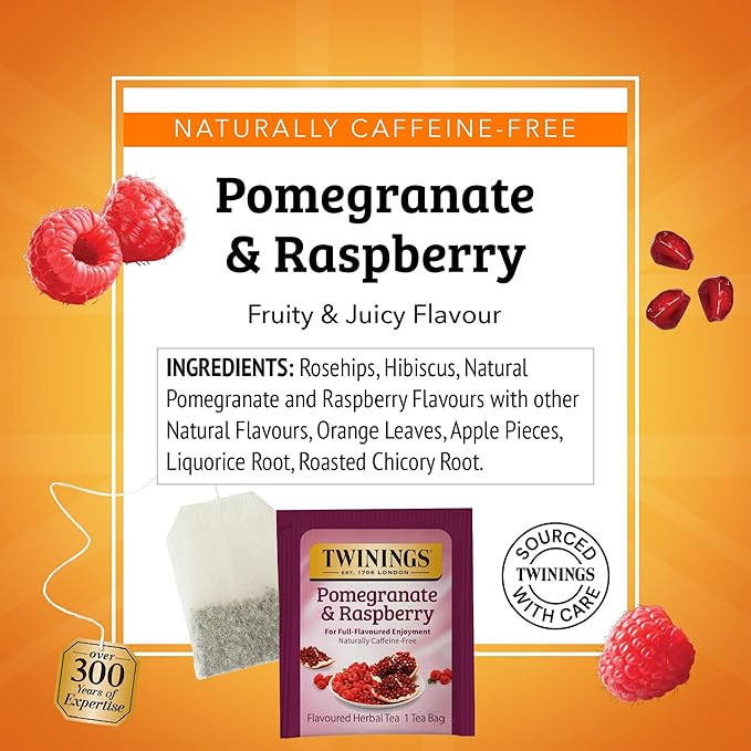 Twinings Pomegranate & Raspberry Herbal Tea Individually Wrapped Bags, 20 Count (Pack of 2), Naturally Caffeine-Free, Enjoy Hot or Iced, 20 Teabags